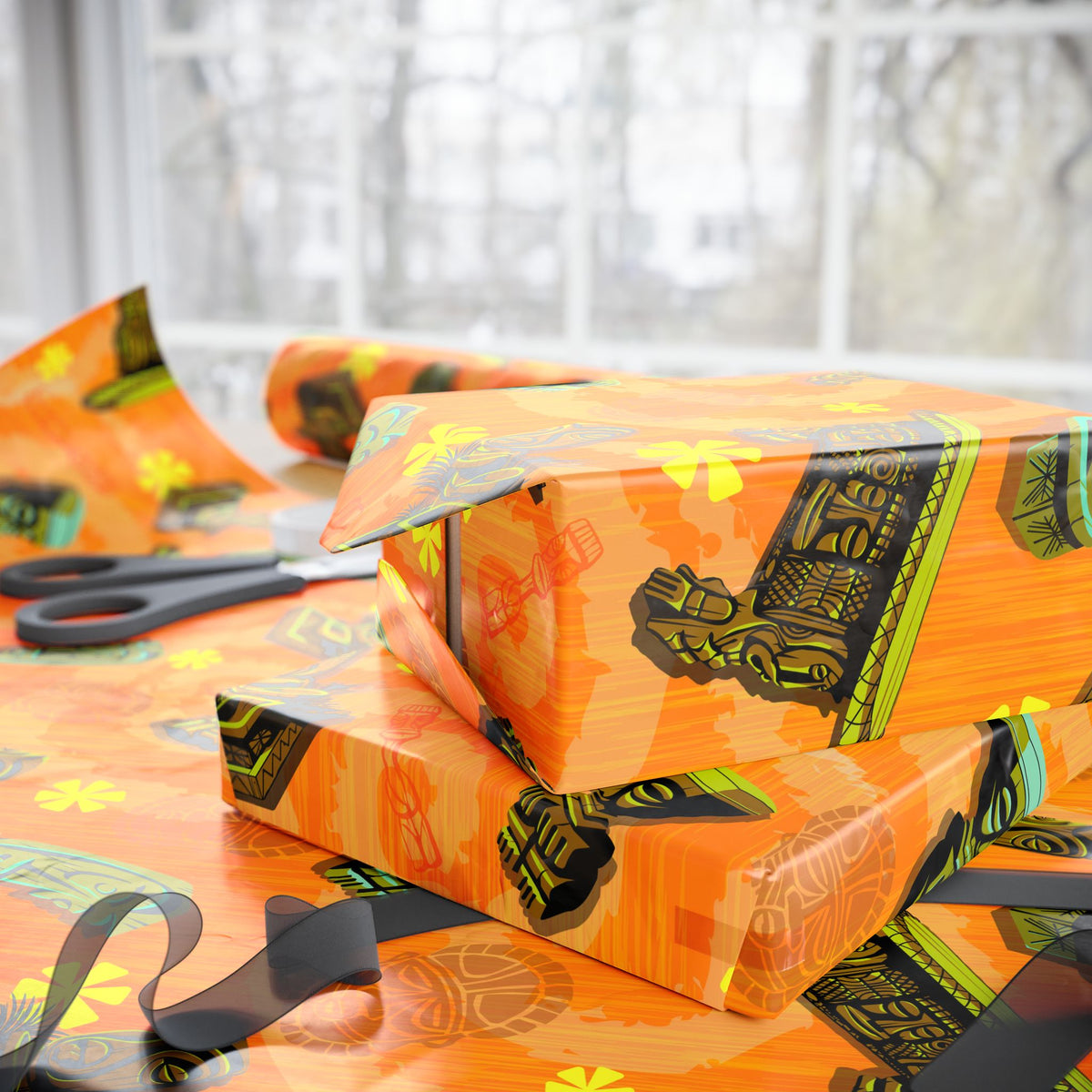 ORANGE Tiki Wrapping Paper — "Enchanted Carvings" Tiki Gift Wrap