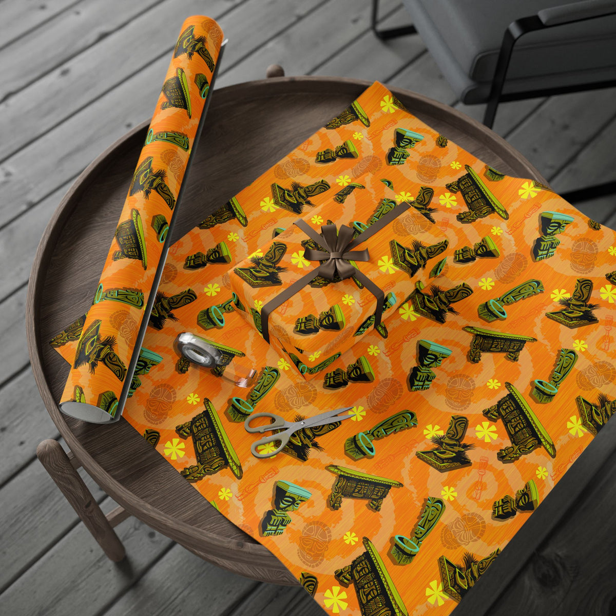 ORANGE Tiki Wrapping Paper — "Enchanted Carvings" Tiki Gift Wrap