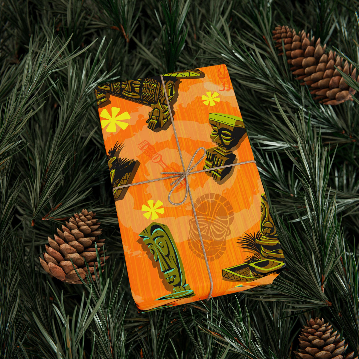 ORANGE Tiki Wrapping Paper — "Enchanted Carvings" Tiki Gift Wrap