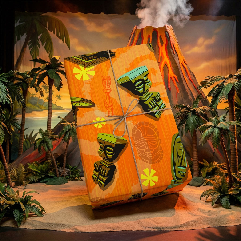 ORANGE Tiki Wrapping Paper — "Enchanted Carvings" Tiki Gift Wrap