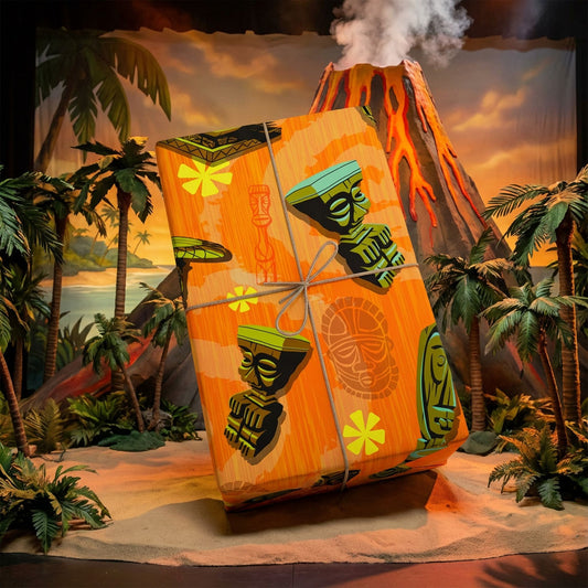 ORANGE Tiki Wrapping Paper — "Enchanted Carvings" Tiki Gift Wrap