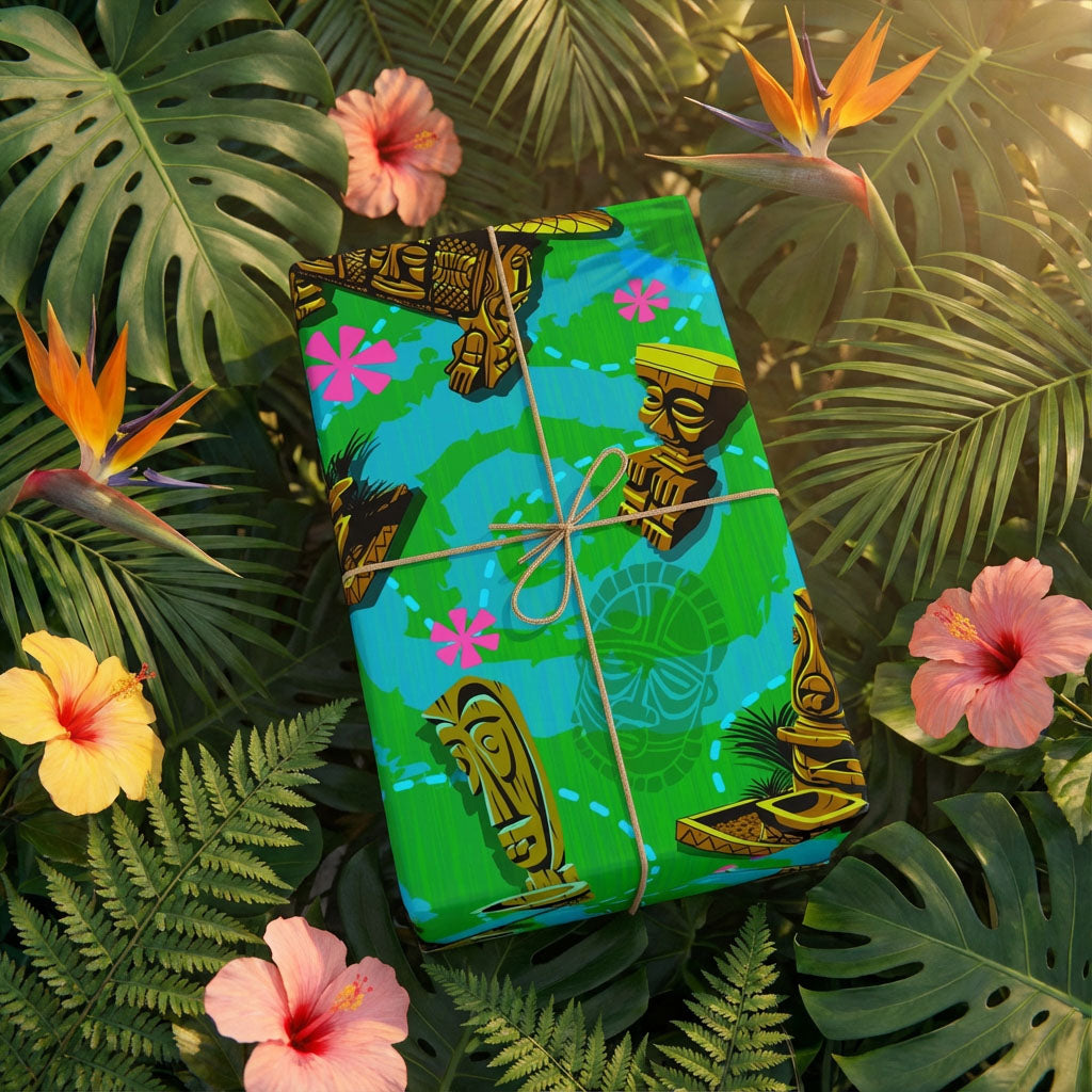 GREEN-Tiki Wrapping Paper — "Enchanted Carvings" Tiki Gift Wrap